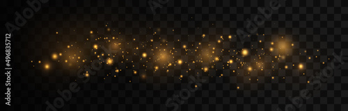 Sparkling magical dust particles. The dust sparks and golden stars shine with special light on a black background. Christmas concept.
