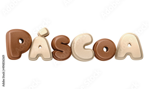 Texto 3D de Páscoa com textura de chocolate isolado em fundo branco.  photo