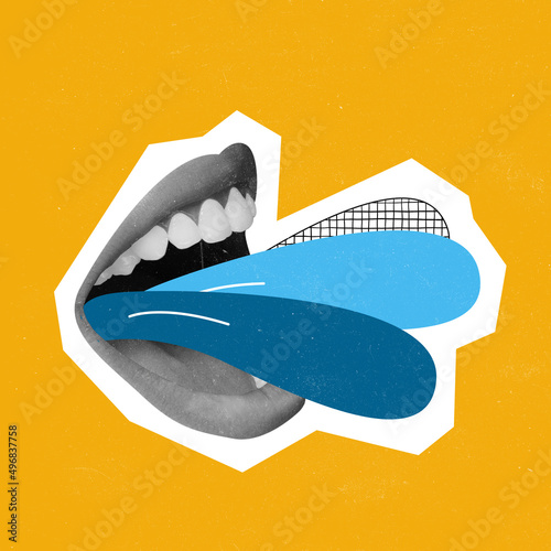 Contemporary art collage. Female mouth with colorful splashes isolated over yellow background photo