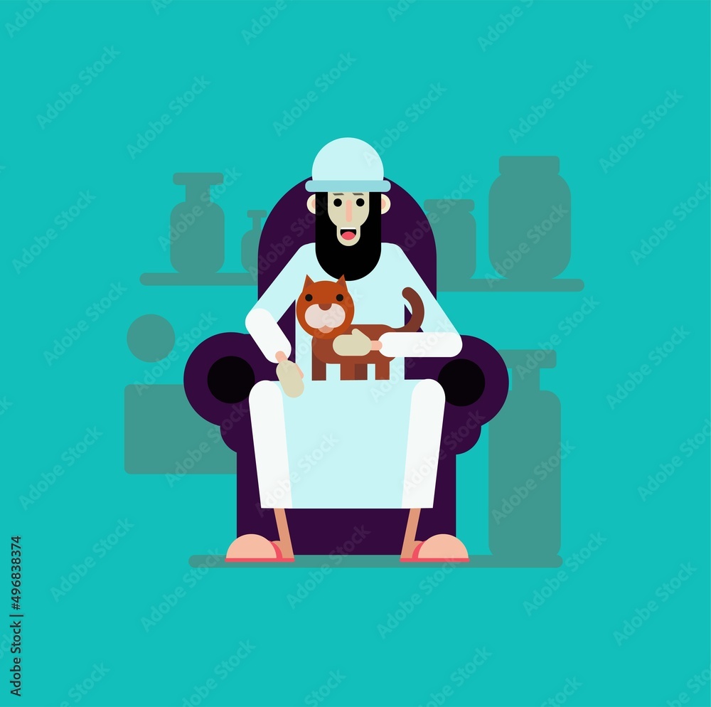 Old man resting at home with his cat. Vector illustration.