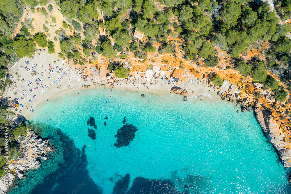 Aerial view of Cala Saladeta, Ibiza islands, Spain