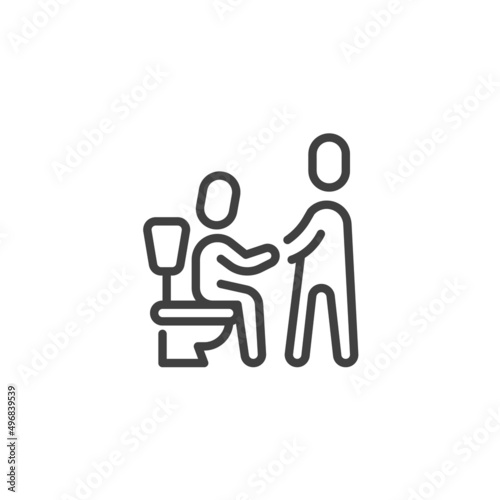 Caregiver helping man in toilet line icon