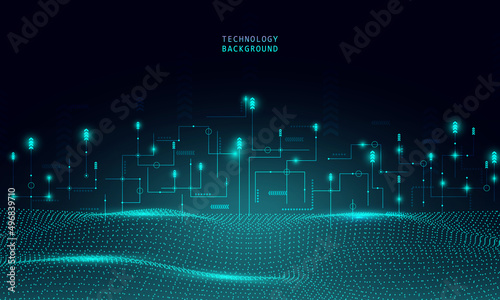 Abstract technology concept particle connection background with blue lights.