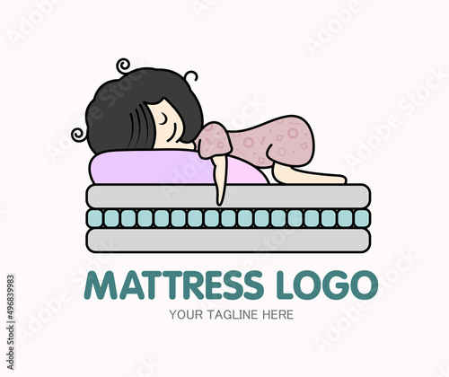 Cute logo of hybrid mattress with sleeping girl. Twin Mattress funny emblem.
