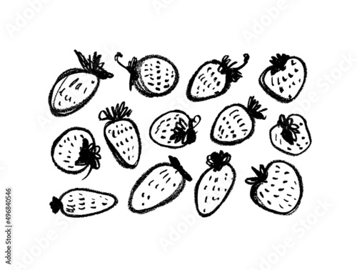 Hand drawn strawberry vector collection. Black doodle sketches. Line brush strokes with texture. Fruits cliparts. Ink illustration isolated on white background. Abstract strawberry drawings