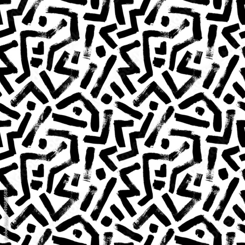 Bold brush straight lines irregular maze seamless pattern. Abstract geometric background with black brush strokes. Hand drawn vector lines with scrapes. Geometric grunge labyrinth
