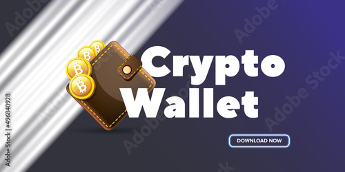 Cryptocurrency wallet concept illustration with wallet and crypto coins isolated on grey background. Crypto wallet landing page and poster design template. Crypto wallet for bitcoin, solana, ethereum