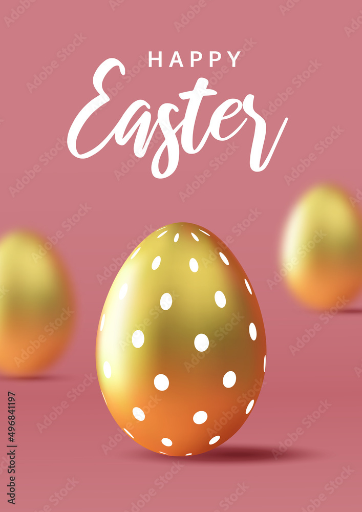 Easter greeting poster. Modern minimal design with gold eggs on the pink background.