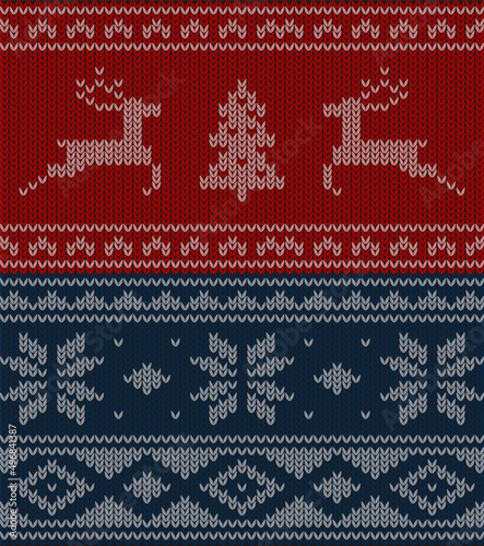 Cute deer on the knitting pattern, nordic seamless Christmas pattern, vector illustration