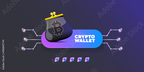 Cryptocurrency wallet concept illustration with wallet and crypto coins isolated on grey background. Crypto wallet landing page and poster design template. Crypto wallet for bitcoin, solana, ethereum