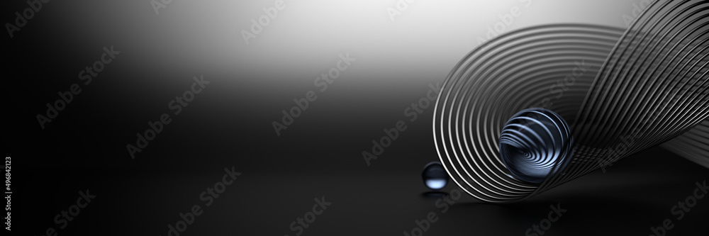 Fototapeta premium Futuristic wide black banner with curved line geometric shape with two glass balls