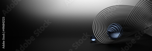 Futuristic wide black banner with curved line geometric shape with two glass balls