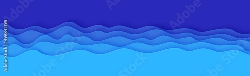 Wavy border in paper cut style. 3d abstract background with cut out deep waves modern cover. Blue color layers with smooth shadow papercut art. Vector card illustration origami environment template.