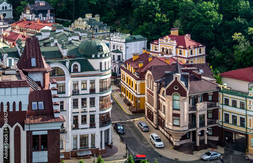 Colored houses in one of the districts of the city. View from the hill on colorful houses in Kyiv. Partition in Kyiv. Andriivskyi Uzviz in Kyiv. Podil in Kyiv