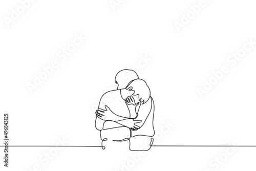 man cries bitterly and another comforts him hugging - one line drawing vector. concept of grief and consolation, close people are experiencing difficulties, loss in family
