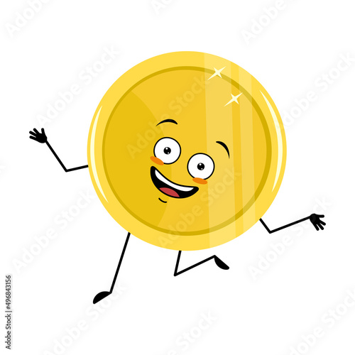 Cute golden coin character with crazy happy emotion, face, smile eyes, arms and legs. Money person with funny expression and dancing pose. Vector flat illustration