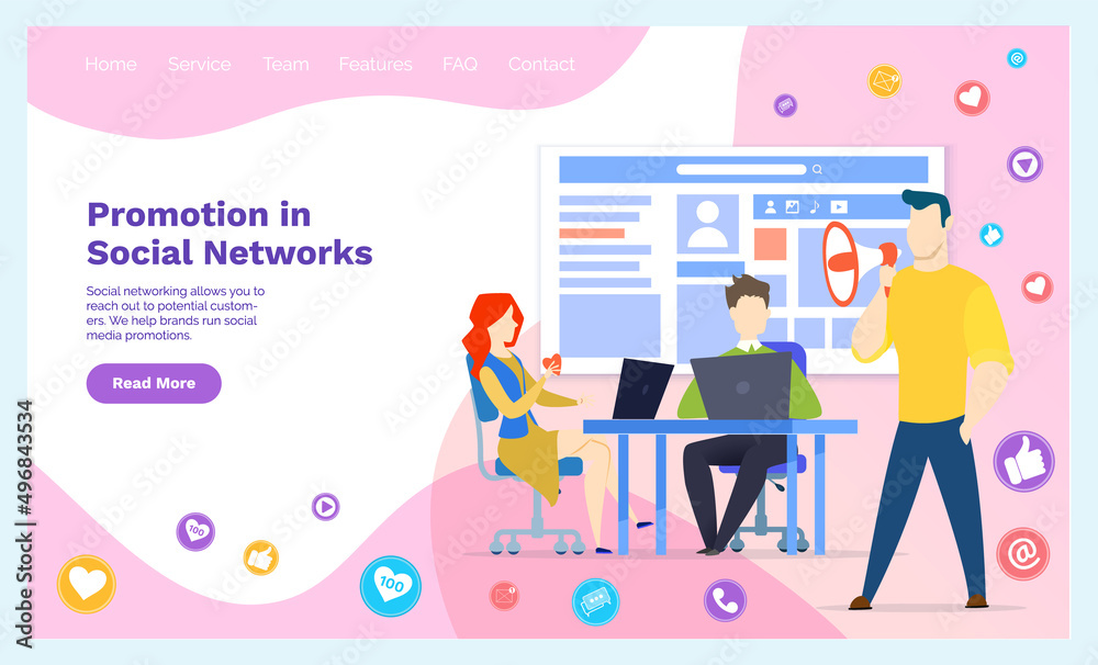 People work with customer profile advertising. Business site promotion, optimization, increase efficiency of website. Employees working with media marketing. Promotion in social networks concept