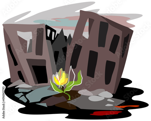 Vector illustration of sprout, blooming on the ruins. Stop war, new life concept.