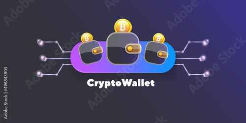 Cryptocurrency wallet concept illustration with wallet and crypto coins isolated on grey background. Crypto wallet landing page and poster design template. Crypto wallet for bitcoin, solana, ethereum