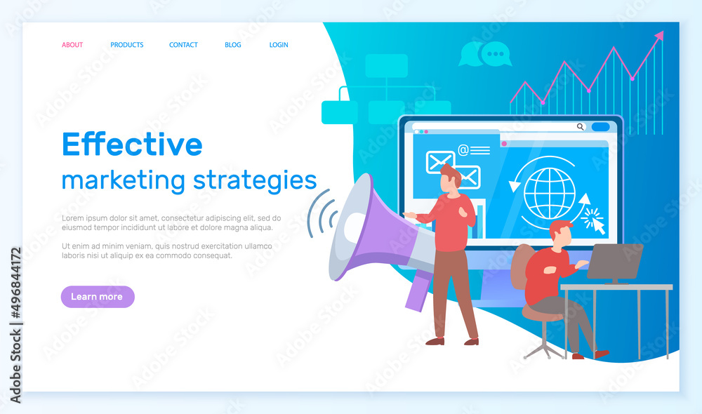 Effective marketing strategies, promotion in social network concept. Search and attraction of target audience, new subscribers. Business website landing page. People work with advertising in Internet