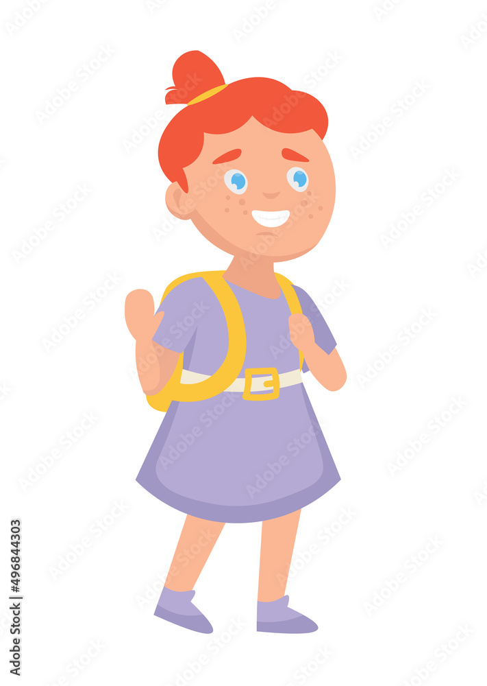 Little girl with a backpack. Vector  cartoon illustration isolated on white background