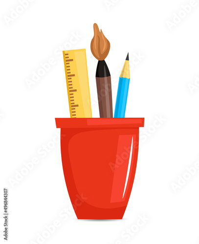 Red cup with  pencil, brush and ruler in the holder.  Vector illustration 