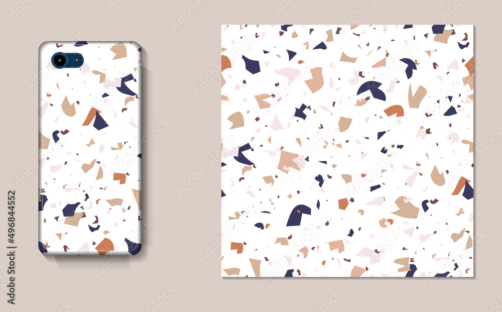 Vector seamless pattern Terrazzo. Abstract textured with small pieces of broken marble, tile, glass. Modern stone background for print, interior decor, paper, branding, web design. Phone case mockup
