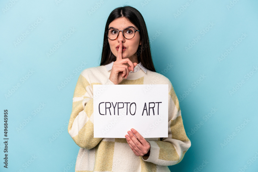Young caucasian business woman holding a crypto art placard isolated on blue background keeping a secret or asking for silence. Young caucasian business woman holding a crypto art placard isolated on blue background keeping a secret or asking for silence.