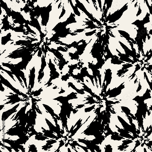 Vector seamless pattern. Stylish background with abstract flowers. Monochrome floral theme. Contrast texture with hand drawn leaves.