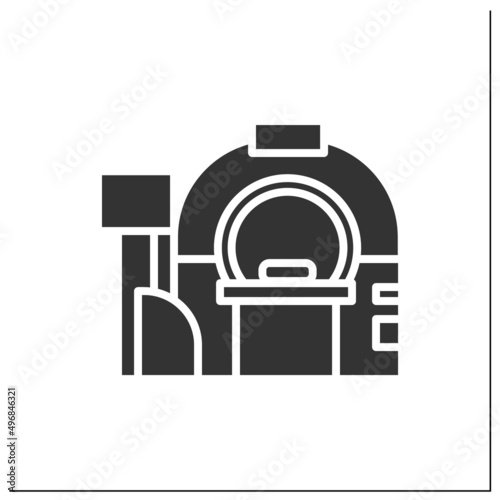Tomography glyph icon.Brain examination.Cancer prevention. Modern medicine equipment. X-ray diagnostics. Health information management concept.Filled flat sign. Isolated silhouette vector illustration