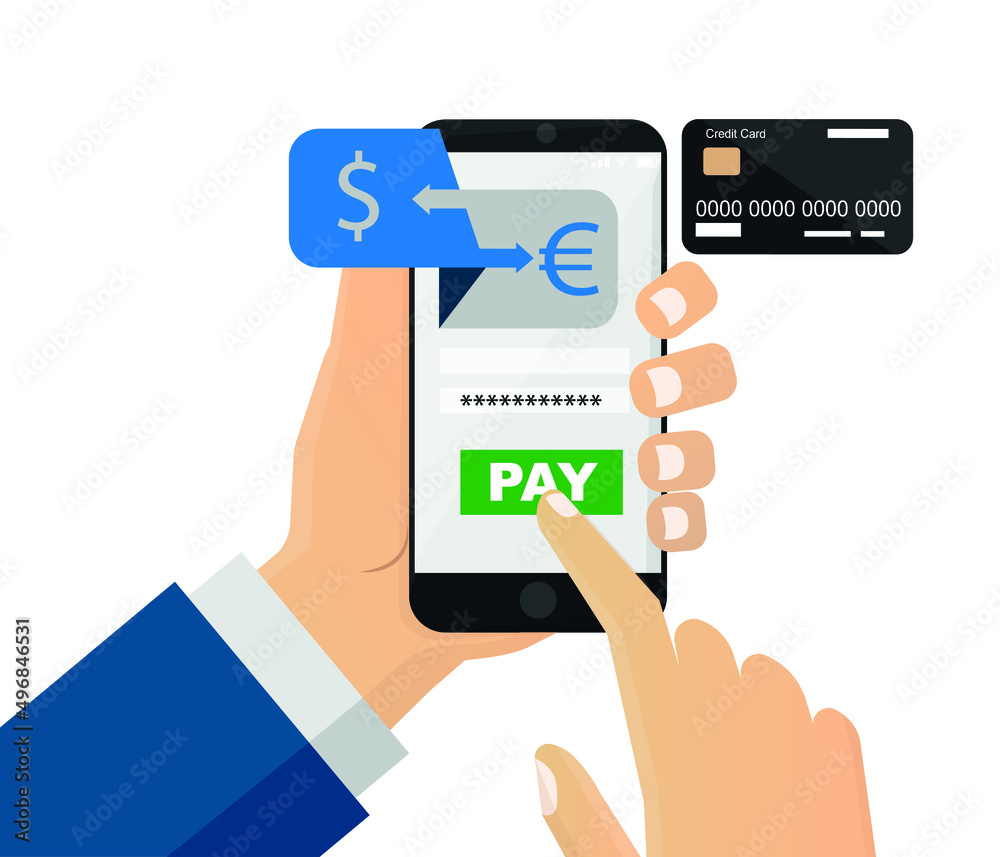 Hand holding mobile phone. Pay online to a bank account or wallet with a smartphone. editable vector
Hand holding mobile phone. Pay online to a bank account or wallet with a smartphone. editable vector