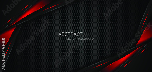 Abstract black and red polygons overlapped on dark steel mesh background with free space for design. modern technology innovation concept background	