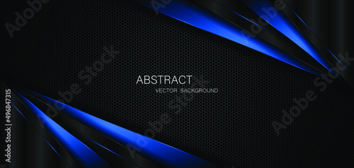 Abstract black and blue polygons overlapped on dark steel mesh background with free space for design. modern technology innovation concept background	
