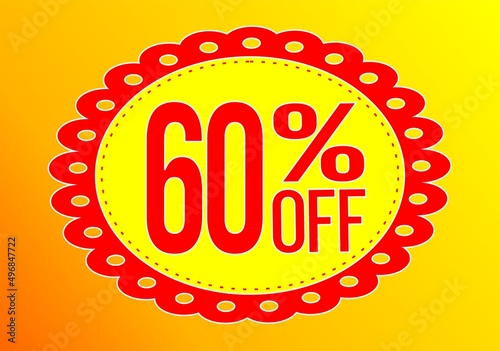 -60 percent discount. 60% discount. Up to 60%. Yellow and Red banner with floating balloon for promotions and offers. Up to. Discount and offer board.