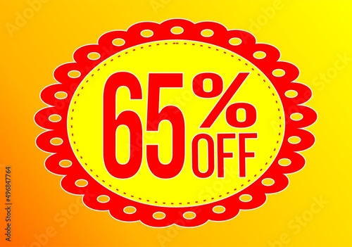 -65 percent discount. 65% discount. Up to 65%. Yellow and Red banner with floating balloon for promotions and offers. Up to. Discount and offer board.