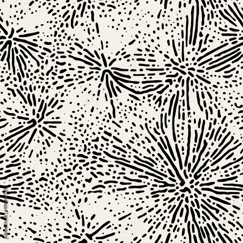 Vector seamless pattern. Stylish background with abstract flowers. Monochrome floral theme. Contrast texture with hand drawn leaves.
