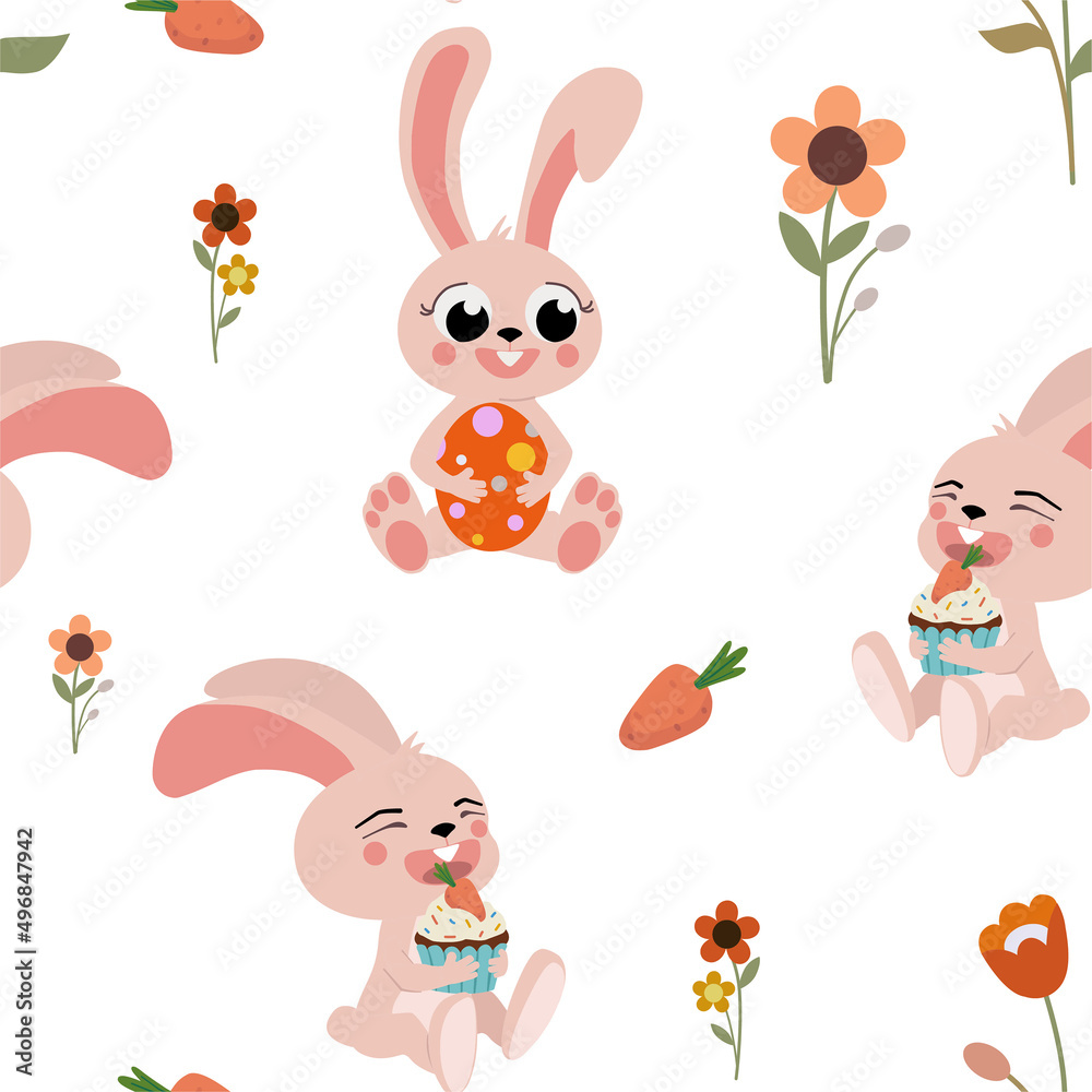 Fototapeta premium Easter pattern with bunnies. Vector seamless texture.