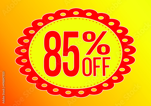 -85 percent discount. 85% discount. Up to 85%. Yellow and Red banner with floating balloon for promotions and offers. Up to. Vector. Discount and offer board.