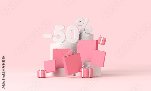 Online shopping discount banner with paper bags and gifts. 3D Rendering
