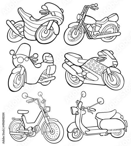 Set of moped, scooter, different motorbikes. Color book page for children and adults, antistress coloring book
