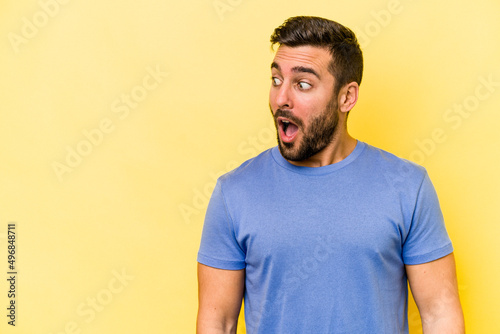 Wallpaper Mural Young caucasian man isolated on yellow background being shocked because of something she has seen. Torontodigital.ca