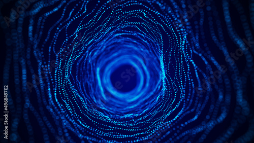 Abstract dynamic wireframe tunnel on blue background. Deep wavy wormhole. Futuristic particle flow. 3d rendering.