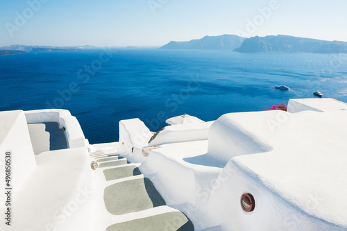 White architecture on Santorini island, Greece. Beautiful summer landscape, sea view.