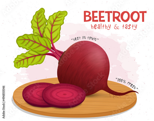 Beetroot vegetable vector illustration with round slices on wooden chopping board