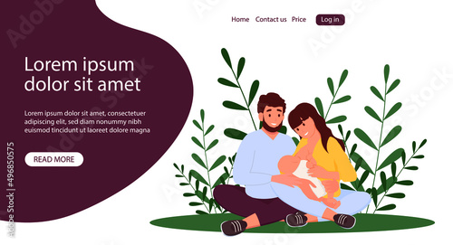 Vector banner. Happy mom and dad with their newborn baby.