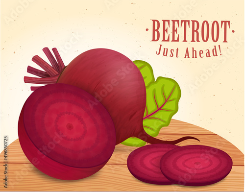 Beet Root vegetable vector illustration with round slices of vegetable on wooden chopping board