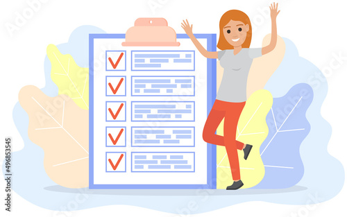 Happy lady checking on daily plan. Businesswoman dancing near completed tasks in schedule. Woman analyses form marks completed case in checklist. Time management and successful planning concept