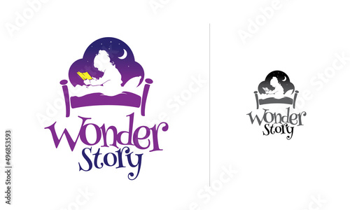 Silhouette little Girl ReadingBook in the Bedroom with moon background, suitable for Publishing logo company, Storybook logo, idea logo concept, negative image logo, etc.