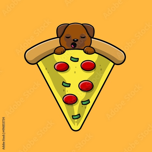 Cute Pug Dog Sleeping On Pizza Cartoon Vector Icon Illustration. Animal Food Icon Concept Isolated Premium Vector. Flat Cartoon Style