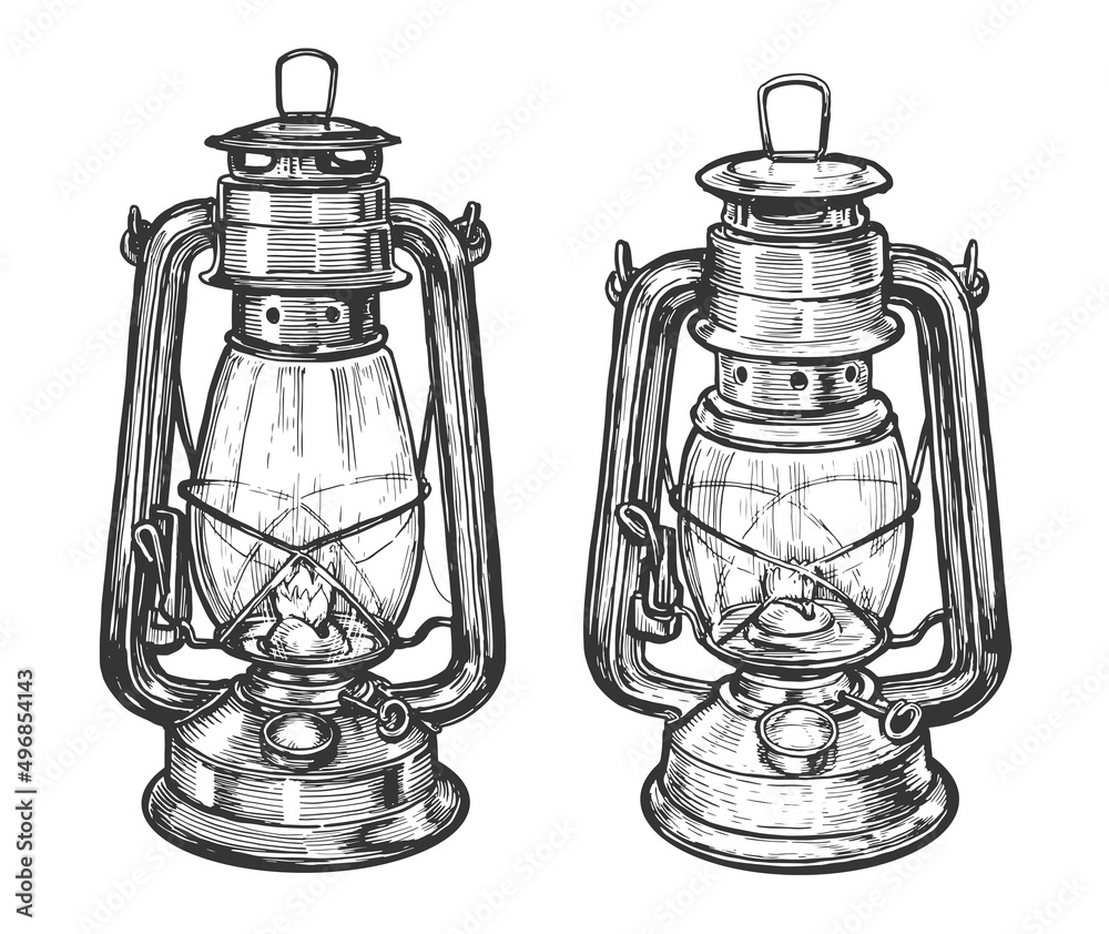 Vecteur Stock Kerosene lamp sketch vector. Oil lantern drawn in vintage  engraving style | Adobe Stock